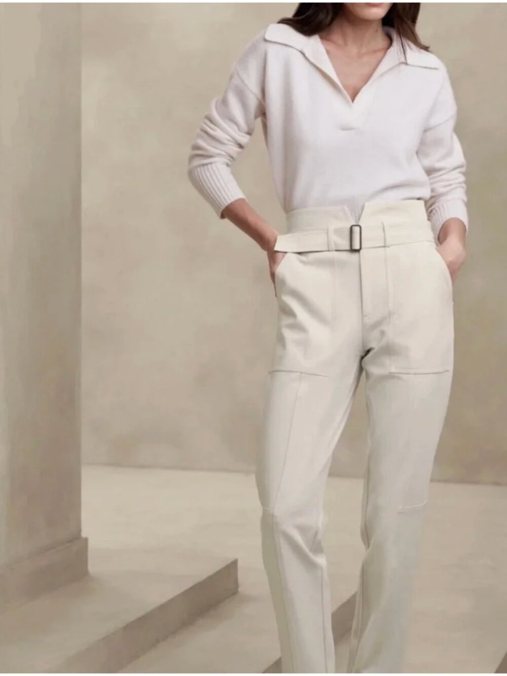 NWT Women's Banana Republic Cream High-Waist Belted Chinos - 4